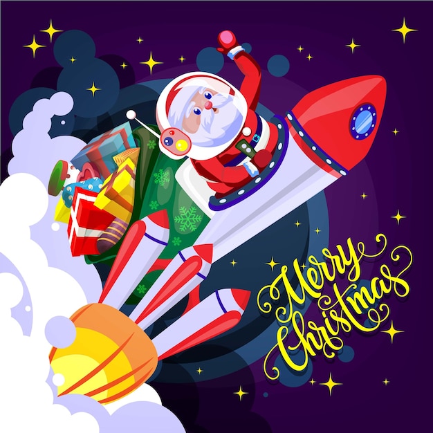 Vector santa claus and a rocket merry christmas and happy new year christmas illustration