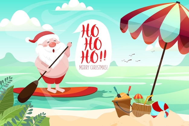 Vector santa claus rowing on surf board against tropical ocean