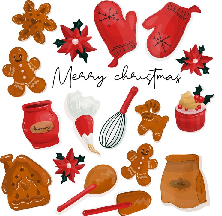 Vector santa claus santa red cap new years lollipops sweets flower house cooking cakes