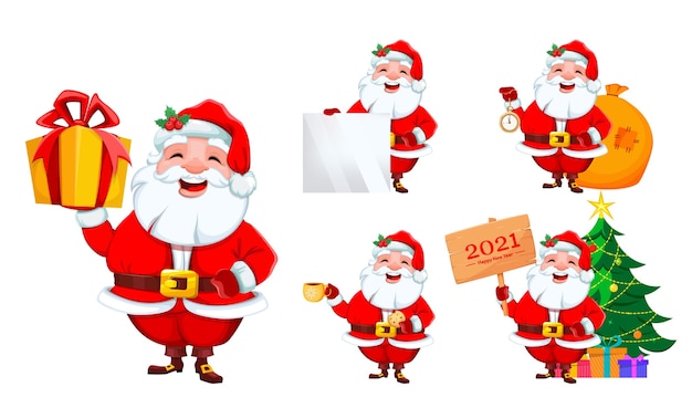 Santa claus, set of five poses. merry christmas and happy new year