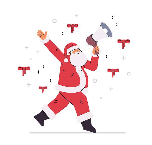 Santa claus shouting in loudspeaker new year christmas holidays celebration concept vector illustration