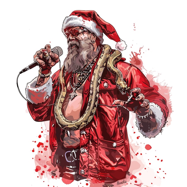 Santa Claus singing into a microphone Vector illustration Hand drawn