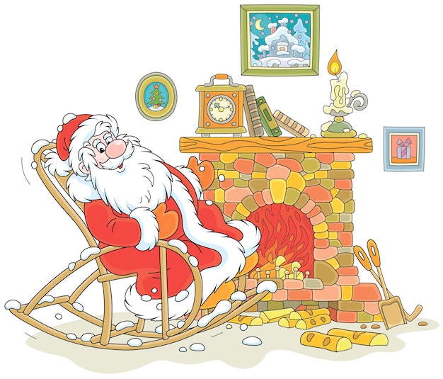 Санта-Клаус сидит в своем скрипучем кресле-качалке и греется у старого камина