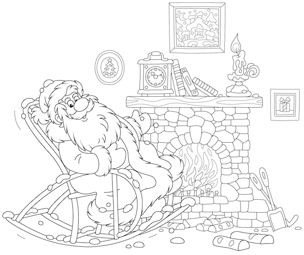 Santa claus sitting in his creaking rocking chair and basking by an old fireplace