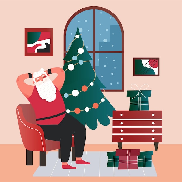 Vector santa claus sitting at home rest on christmas night winter holidays christmas tree with bright