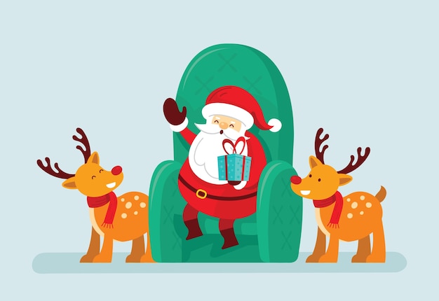 Санта клаус сидит на стуле с оленями