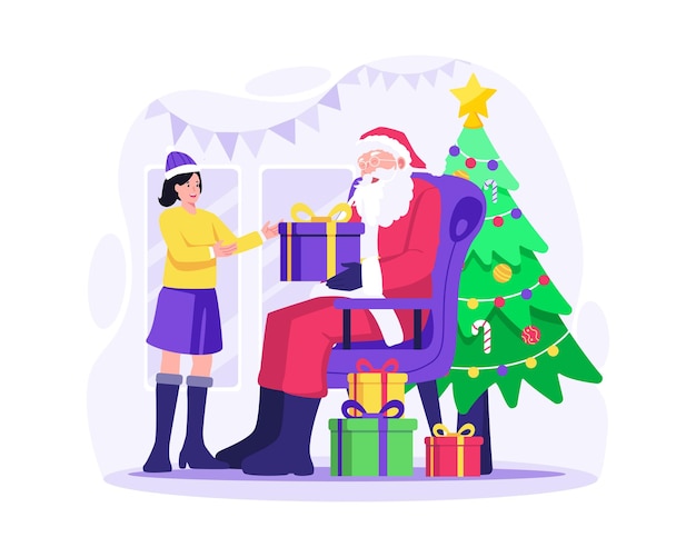 Santa claus sitting on a sofa chair giving gifts to a happy girl celebrate christmas illustration