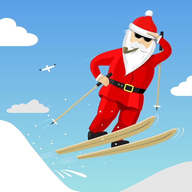 Santa claus in a ski jump in the mountains