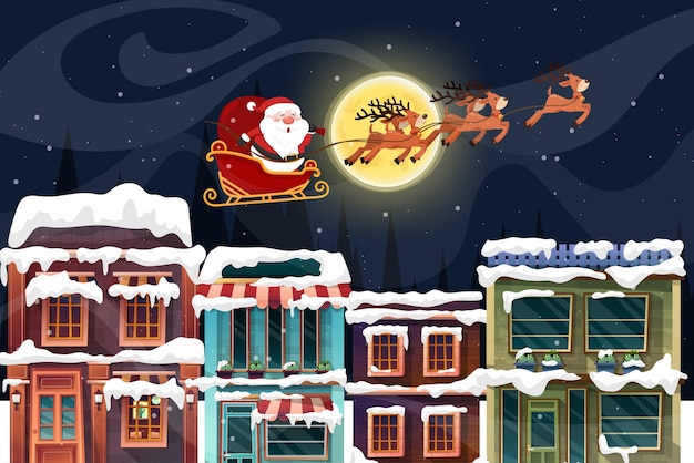 Вектор Санта-клаус проехал на санях по крыше и дымоходу в рождественскую ночь в полнолуние и снежную погоду