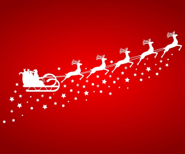 Санта-Клаус в санях едет на упряжке оленей на красном фоне