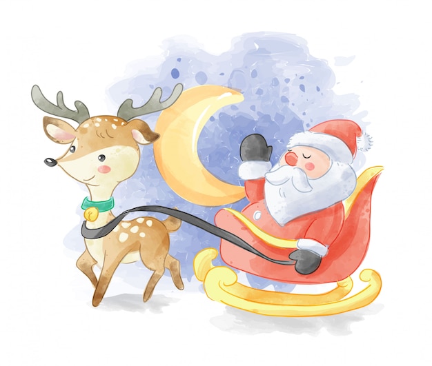 썰매와 사슴 그림에 산타 클로스