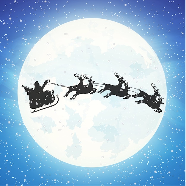 Vector santa claus on sleigh full of gifts and his reindeers with moon in sky. happy new year decoration. merry christmas holiday. new year and xmas celebration.  illustration