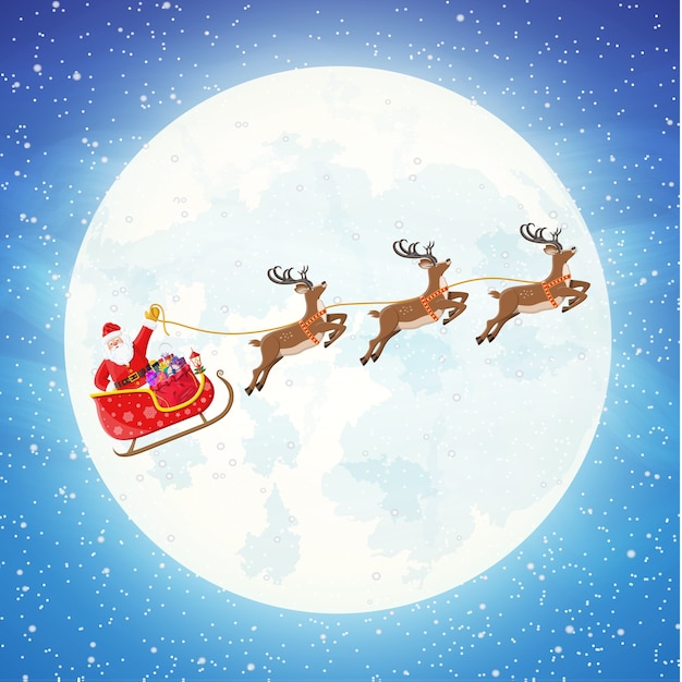 Santa claus on sleigh full of gifts and his reindeers with moon in sky