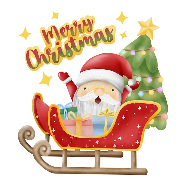 Santa Claus sleigh Merry Christmas Illustration Watercolor Vector Christmas Card