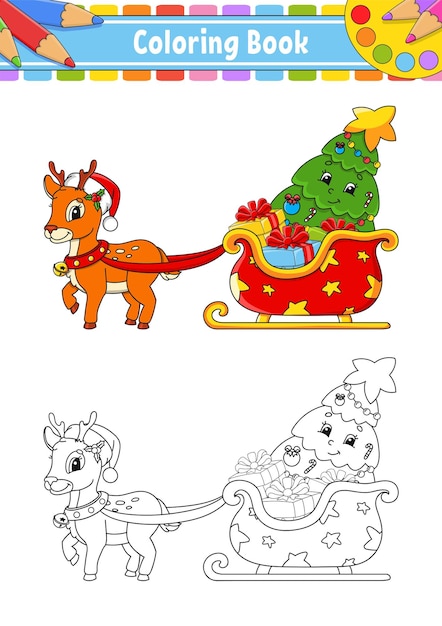 サンタクロースそり冬の鹿のクリスマスのテーマ子供のための塗り絵のページ
