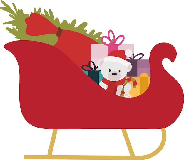 Santa Claus sleigh with gifts and teddy bear and tree