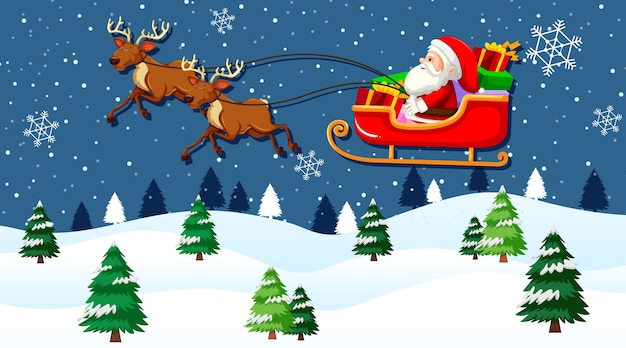 Santa claus on sleigh with reindeer flying in the sky at night