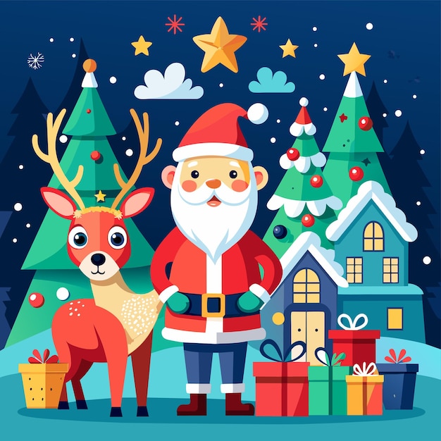 Santa Claus on sleigh with reindeer and wear elf costume in snow scene hand drawn sticker