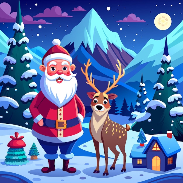 Santa Claus on sleigh with reindeer and wear elf costume in snow scene hand drawn sticker