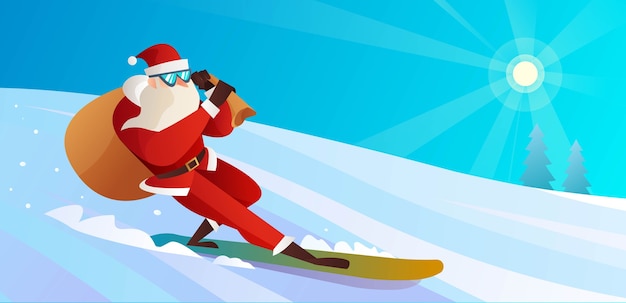 Santa claus snowboarden brengt geschenken illustratie