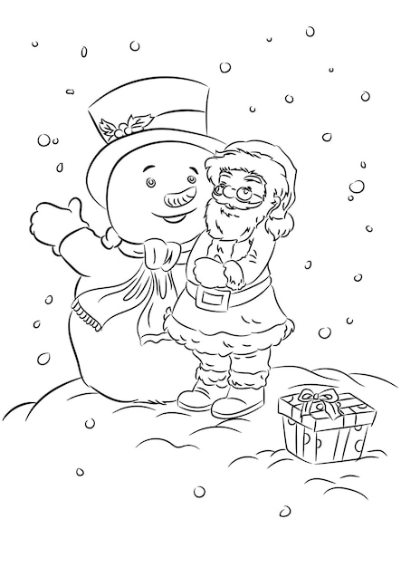 Pagina da colorare di natale per bambini di babbo natale e snowman