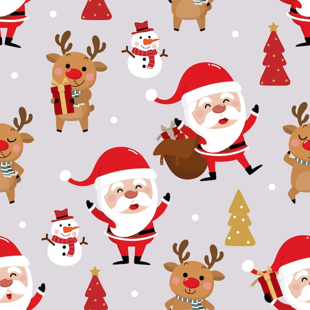 Santa claus, snowman and deer seamless pattern