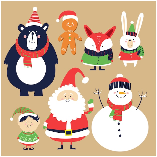 Santa Claus, snowman, elf, and forest animals in cartoon style