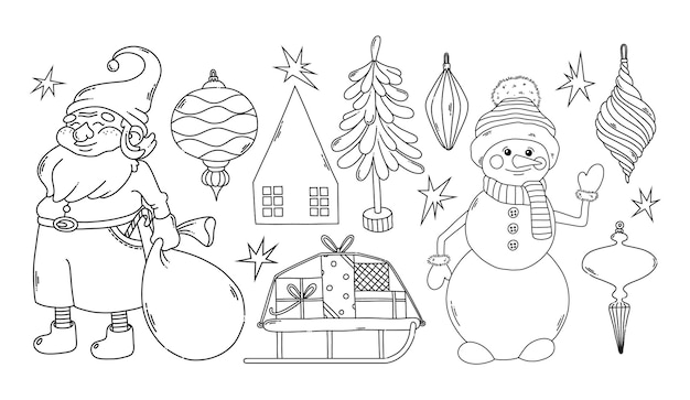 Santa Claus, snowman, gifts and Christmas elements coloring page black outline