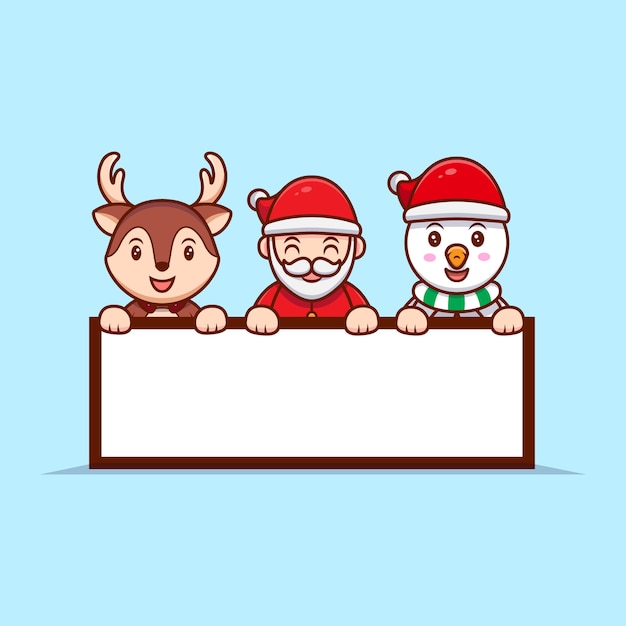 Santa claus, snowman and reindeer holding a blank text board mascot cartoon  illustration.