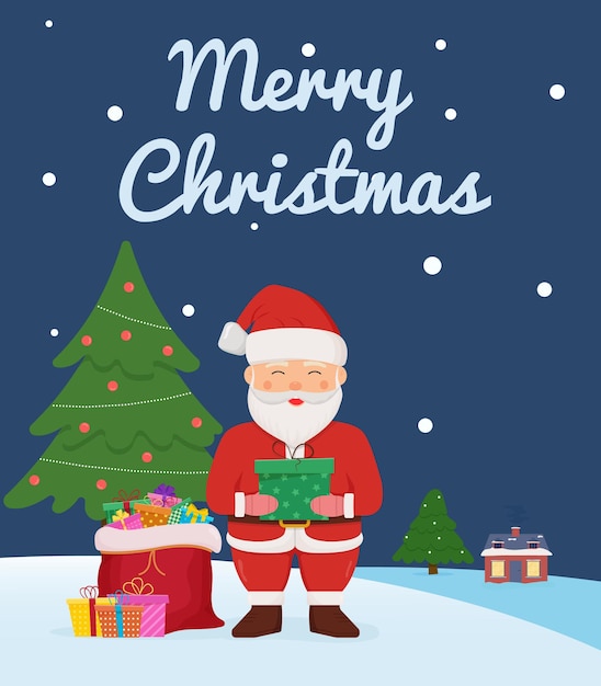 Santa claus stands on a winter background with gifts in his hands