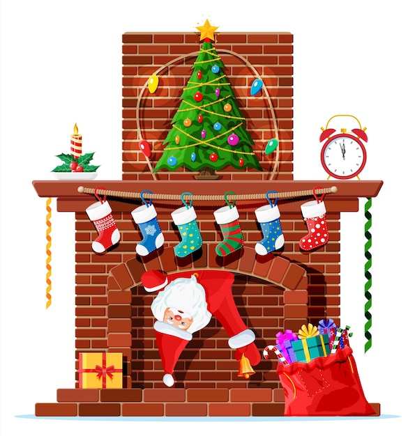 Santa claus stuck in chimney. Fireplace with socks, candle, gift box, tree, garland. Happy new year decoration. Merry christmas holiday. New year and xmas celebration. Vector illustration flat style