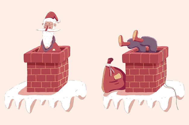 산타 클로스 지붕에 굴뚝에 갇혀 만화 크리스마스 그림 배경에 고립.