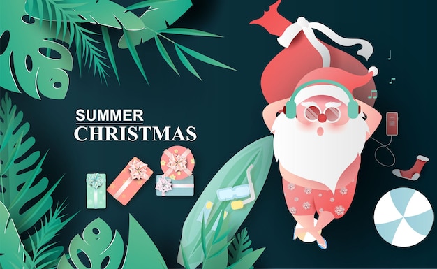 Costume da bagno di babbo natale di foglie tropicali e piante naturali. taglio di carta creativo e artigianato origami in stile hawaiano estate natale luglio spazio per testo. sfondo stagione invernale. illustrazione vettoriale minima.