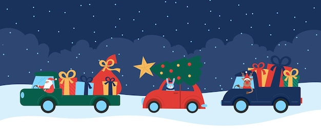 Vector santa claus team driving car caravan with christmas tree gifts presents funny vector illustration