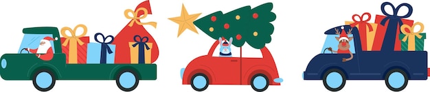 Santa claus team driving car caravan with christmas tree gifts presents funny vector illustration