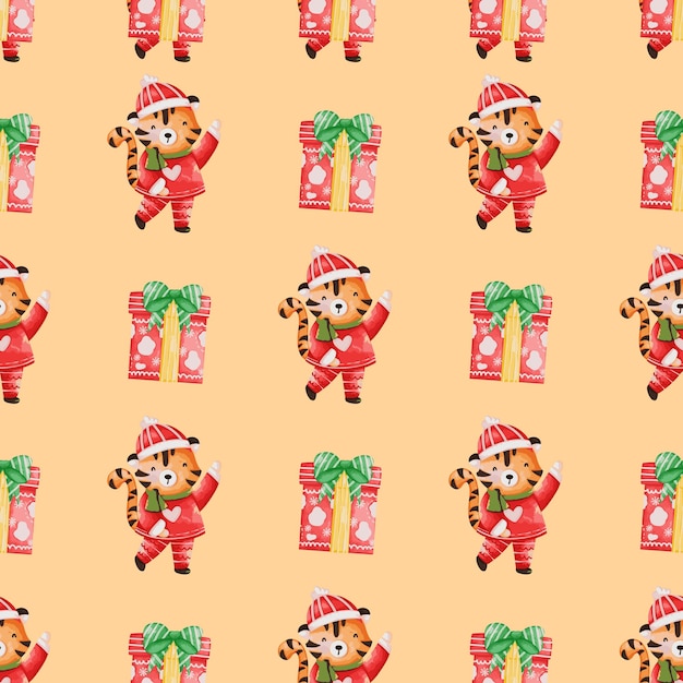 Babbo natale tiger seamless pattern sfondo natale capodanno illustrazione sfondo