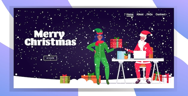 Santa claus using laptop african american female elf helper holding present gift box christmas new year holidays celebration concept snowfall landing page