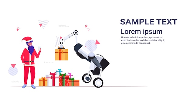 Vector santa claus using mobile app controlling industrial robot carrying gift present boxes merry christmas happy new year winter holidays