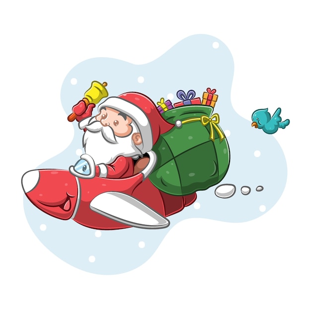 Santa claus using the plane to giving the gift in the christmas night