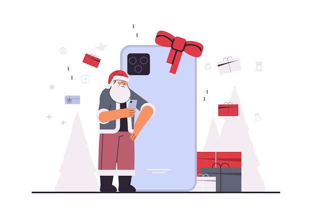 santa claus using smartphone new year christmas holidays celebration concept horizontal vector illustration