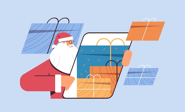 santa claus using smartphone with gifts on screen happy new year merry christmas holiday celebration concept horizontal portrait vector Illustration