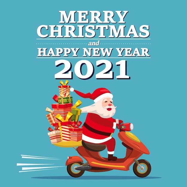 Babbo natale van con testo buon natale e felice anno nuovo guida uno scooter che consegna regali