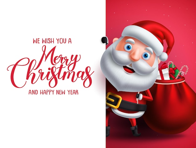 Santa claus vector character holding gifts with merry christmas greeting in white empty space.