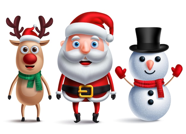 Santa claus vector character with snowman and rudolph the reindeer wearing christmas hats.