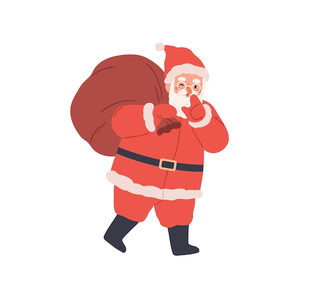 Прогулка Санта-Клауса с рождественской сумкой. Счастливый рождественский персонаж носит на плече большой мешок с подарками. Веселый забавный старик с бородой идет с подарками. Плоская векторная иллюстрация на белом фоне