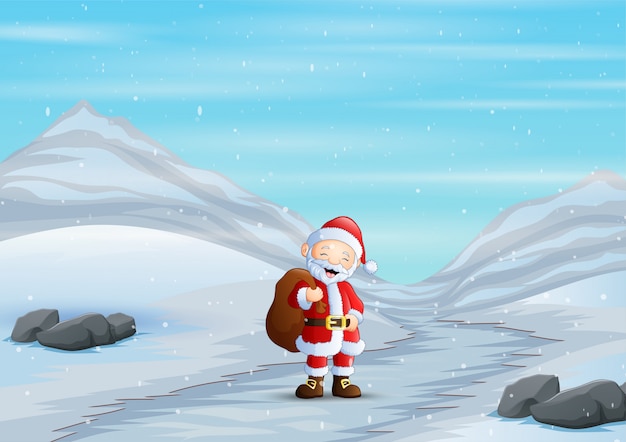 Santa claus walking through snowy road in winter