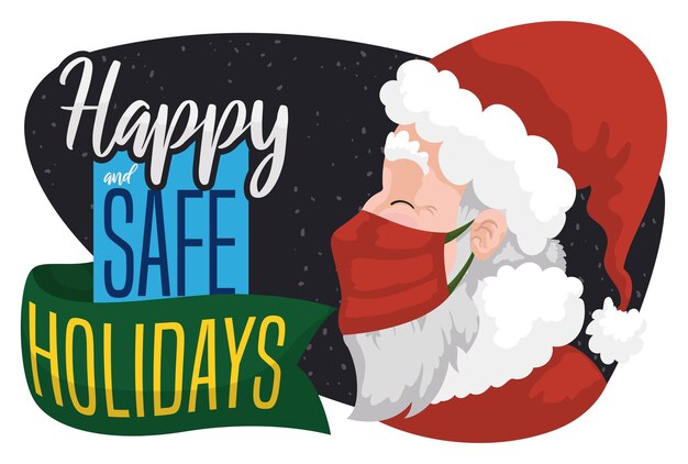 Santa Claus wearing a halfmask in a Xmas night with snowfall promoting biosafety during this holiday