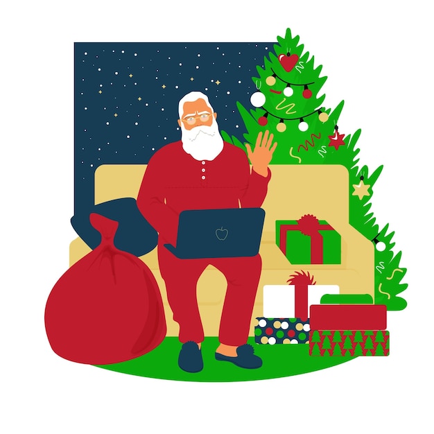 Santa claus werkt op een laptop beantwoordt brieven stuurt geschenken door levering home kamer interieur versierde kerstboom sofa pantoffels voorbereiding voor kerstmis en nieuwjaar vectorillustratie