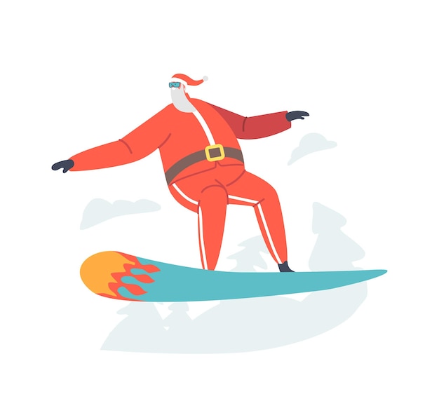 Santa claus winter extreme sports activity and fun. sportsman\
dressed in winter clothes and goggles snowboarding