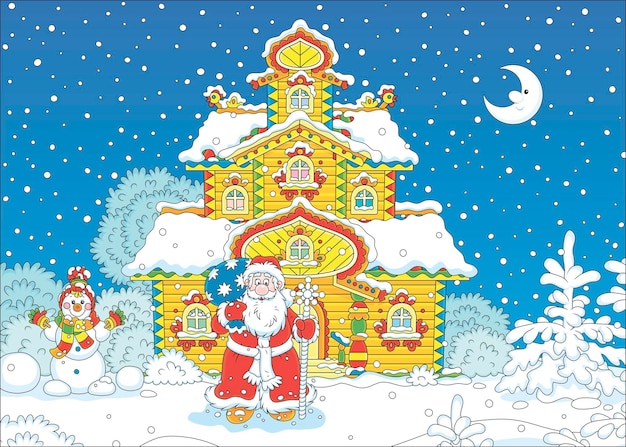 Santa claus with a bag of christmas gifts and a magical staff near his decorated wooden house